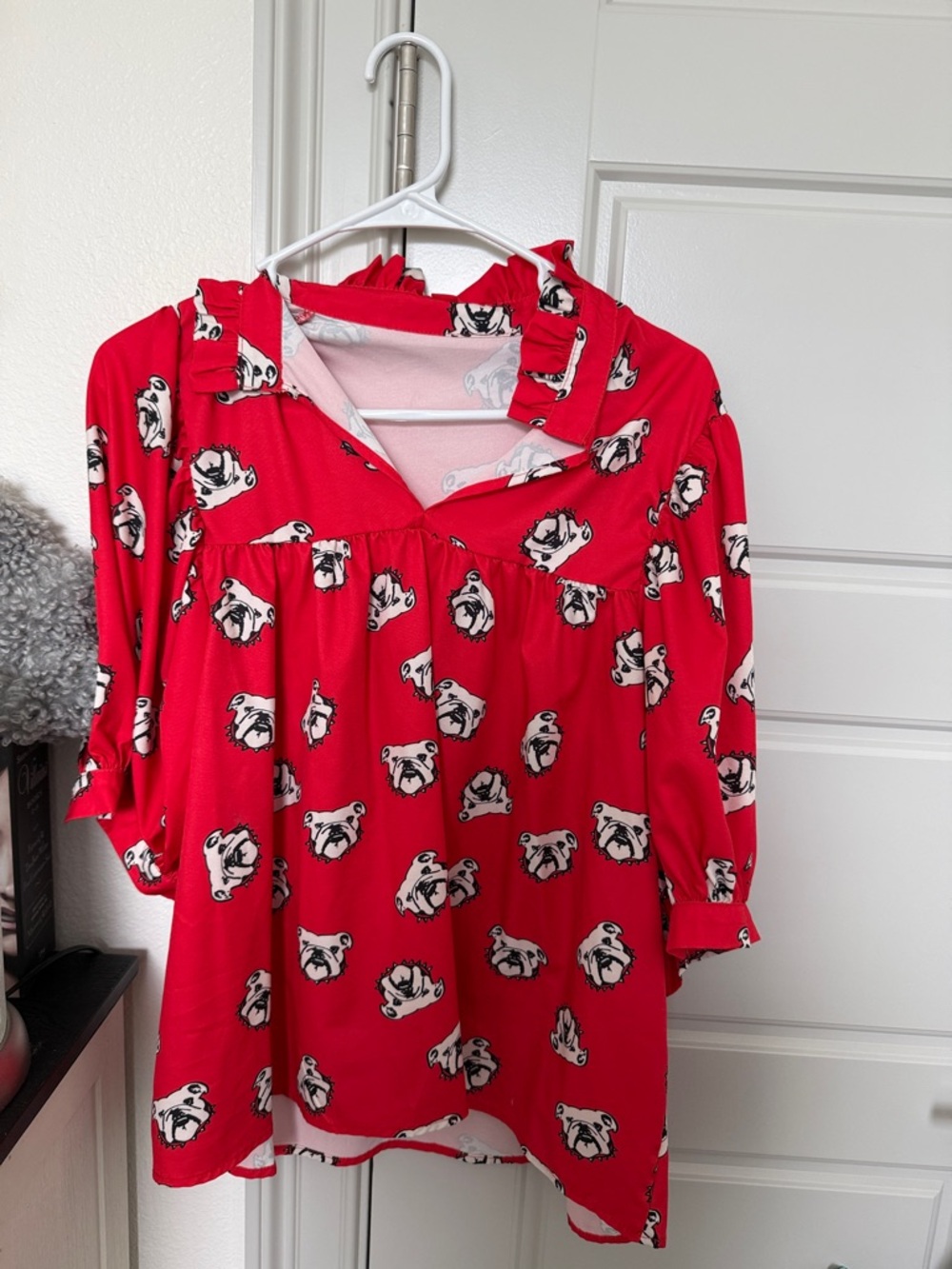 Red Bulldog Print Women's Blouse - Brand: